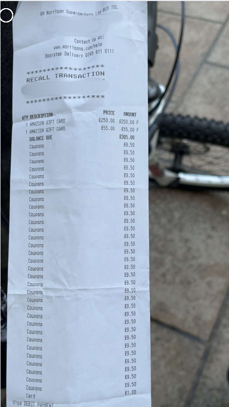 Redacted till receipt listing repeated coupon lines from the test transaction