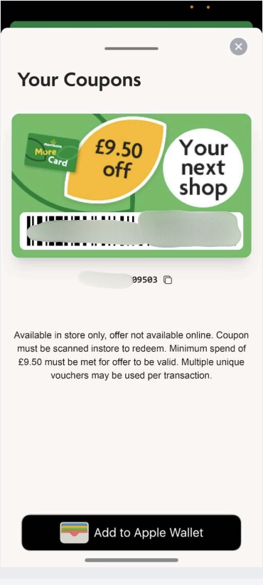 Redacted coupon screen showing a money-off voucher and its barcode